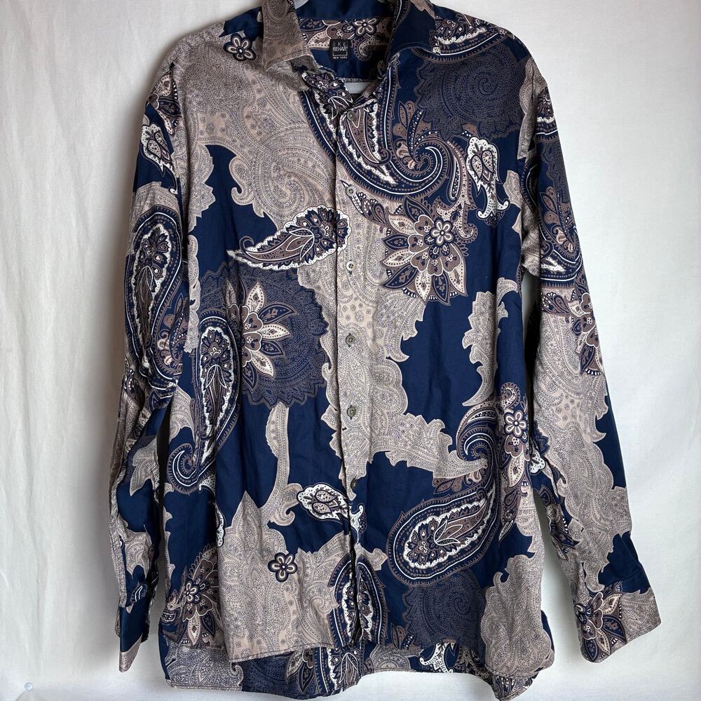 Ike Behar Mens XL Blue Tan Paisley Long Sleeve Button Up Cotton Made Canada
